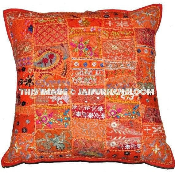 20x20" Orange Embroidered Sofa Pillows Indian Bohemian Bedroom Pillows-Jaipur Handloom