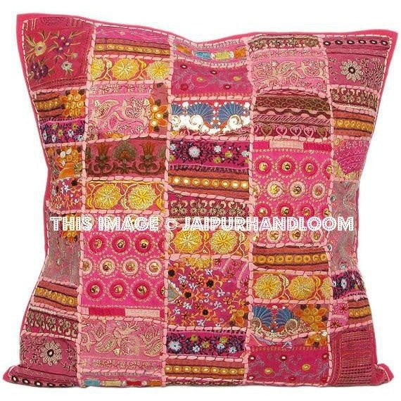 20x20" X Large Pink Patchwork Sofa Pillows Embroidered Bedroom Pillows-Jaipur Handloom