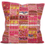 20x20" X Large Pink Patchwork Sofa Pillows Embroidered Bedroom Pillows-Jaipur Handloom