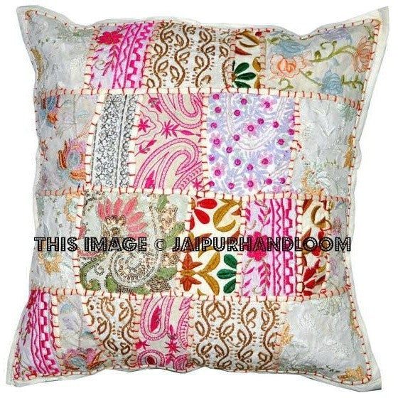 20x20" X Large White Gypsy Patchwork Pillows For Bed on sale Boho Patio Cushions-Jaipur Handloom