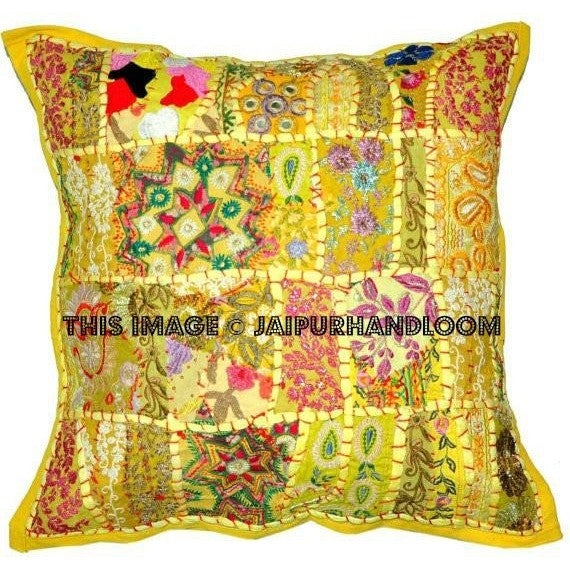20x20" Yellow Patchwork Sofa Cushions Indian Style Organic Euro Shams-Jaipur Handloom