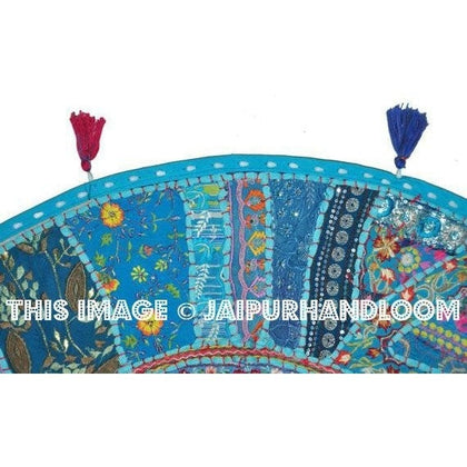 22" Blue Round Floor Pillow Floor Cushion for kids new baby round Bohemian Patchwork floor cushion pouf Vintage Indian Foot Stool Bean Bag-Jaipur Handloom