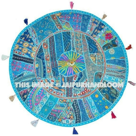 22" Blue Round Floor Pillow Floor Cushion for kids new baby round Bohemian Patchwork floor cushion pouf Vintage Indian Foot Stool Bean Bag-Jaipur Handloom