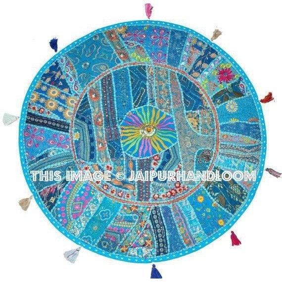 22" Blue Round Floor Pillow Floor Cushion for kids new baby round Bohemian Patchwork floor cushion pouf Vintage Indian Foot Stool Bean Bag-Jaipur Handloom