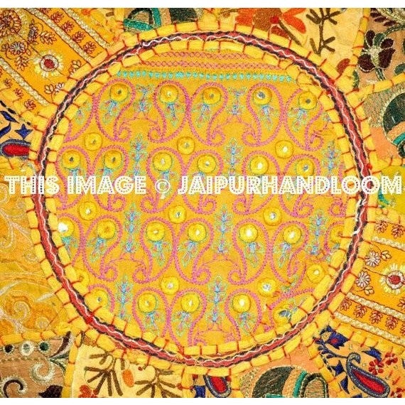 22" Ottoman Pouf Floor Pillow Yellow geometric Ottomans-Jaipur Handloom