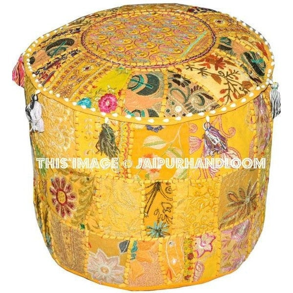 22" Ottoman Pouf Floor Pillow Yellow geometric Ottomans-Jaipur Handloom