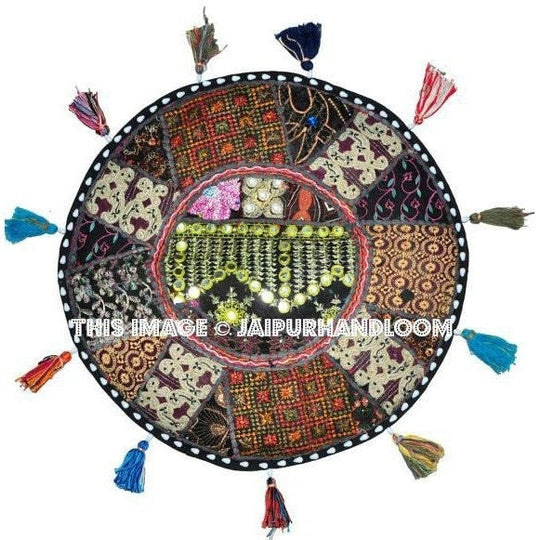 22" Patchwork Round Floor Pillow Cushion in Black round embroidered Bohemian Patchwork floor cushion pouf Vintage Indian Foot Stool Bean Bag-Jaipur Handloom