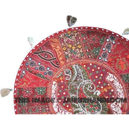 22" Patchwork Round Floor Pillow Cushion in Red round embroidered Bohemian Patchwork floor cushion pouf Vintage Indian Foot Stool Bean Bag-Jaipur Handloom