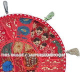 22" Patchwork Round Floor Pillow Cushion in Red round embroidered Bohemian Patchwork floor cushion pouf Vintage Indian Foot Stool Bean Bag-Jaipur Handloom