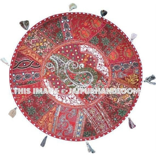 22" Patchwork Round Floor Pillow Cushion in Red round embroidered Bohemian Patchwork floor cushion pouf Vintage Indian Foot Stool Bean Bag-Jaipur Handloom