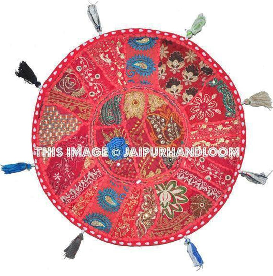 22" Patchwork Round Floor Pillow Cushion in Red round embroidered Bohemian Patchwork floor cushion pouf Vintage Indian Foot Stool Bean Bag-Jaipur Handloom