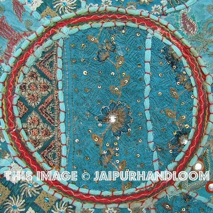 22" Patchwork Round Floor Pillow Cushion in sky blue round patchwork Bohemian floor cushion pouf Vintage Indian Foot Stool Bean Bag ottoman-Jaipur Handloom