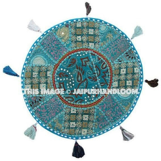 22" Patchwork Round Floor Pillow Cushion in sky blue round patchwork Bohemian floor cushion pouf Vintage Indian Foot Stool Bean Bag ottoman-Jaipur Handloom