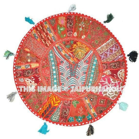 22" Patchwork Round Floor Pillow round floor Cushion embroidered Bohemian Patchwork floor cushion pouf Vintage Indian Foot Stool Bean Bag-Jaipur Handloom