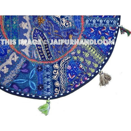 22" blue Patchwork Round Floor Pillow Cushion round embroidered Bohemian Patchwork floor cushion pouf Vintage Indian Foot Stool Bean Bag-Jaipur Handloom