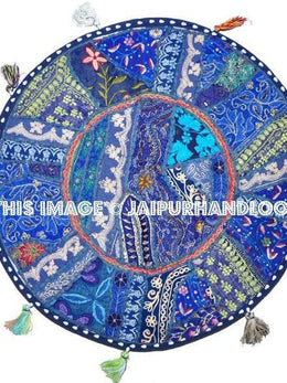 22" blue Patchwork Round Floor Pillow Cushion round embroidered Bohemian Patchwork floor cushion pouf Vintage Indian Foot Stool Bean Bag