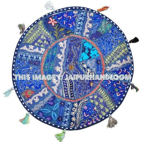 22" blue Patchwork Round Floor Pillow Cushion round embroidered Bohemian Patchwork floor cushion pouf Vintage Indian Foot Stool Bean Bag-Jaipur Handloom