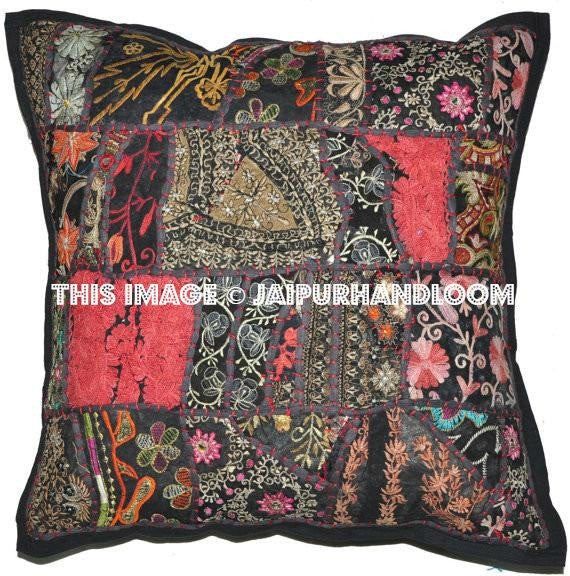 24" Black dining chair pillows indina embroidered throw pillows for sofa-Jaipur Handloom