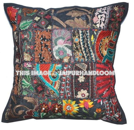 24" Black patchwork euro shams bohemian embroidered patio chair pillows-Jaipur Handloom