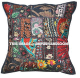 24" Black patchwork euro shams bohemian embroidered patio chair pillows-Jaipur Handloom