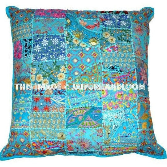 24" Blue Vintage patchwork Throw pillows for couch Indian Handmade Pillow covers-Jaipur Handloom