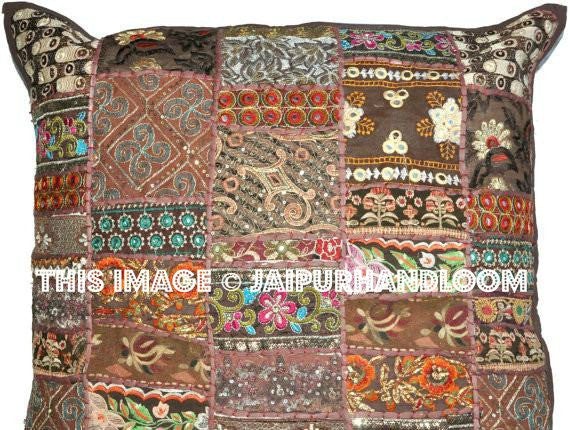 24" Brown Decorative throw Pillows for couch indian embroidered bed pillows-Jaipur Handloom