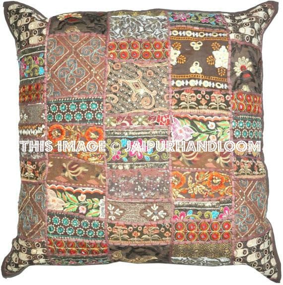 24" Brown Decorative throw Pillows for couch indian embroidered bed pillows-Jaipur Handloom