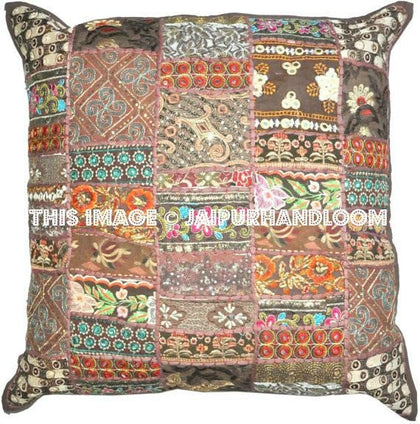 24" Brown Decorative throw Pillows for couch indian embroidered bed pillows-Jaipur Handloom
