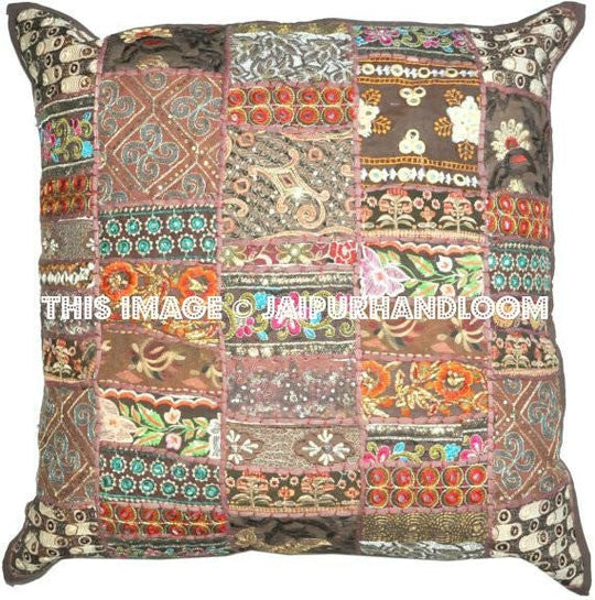 24" Brown Decorative throw Pillows for couch indian embroidered bed pillows-Jaipur Handloom