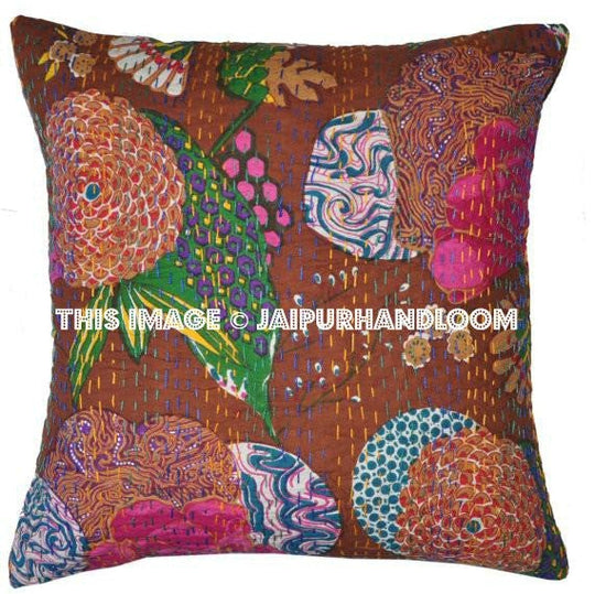 24" Indian Kantha Double Stitched Thread Cushion Pillow Cover Ethnic Vintage Decor Art Kantha Pillow Cover Kantha throw Pillow cushion Cover-Jaipur Handloom