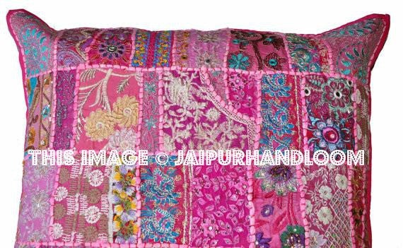 24" Indian Patchwork Pillow Cover Pink Embroidered Sofa Chair Cushions-Jaipur Handloom