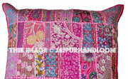 24" Indian Patchwork Pillow Cover Pink Embroidered Sofa Chair Cushions-Jaipur Handloom