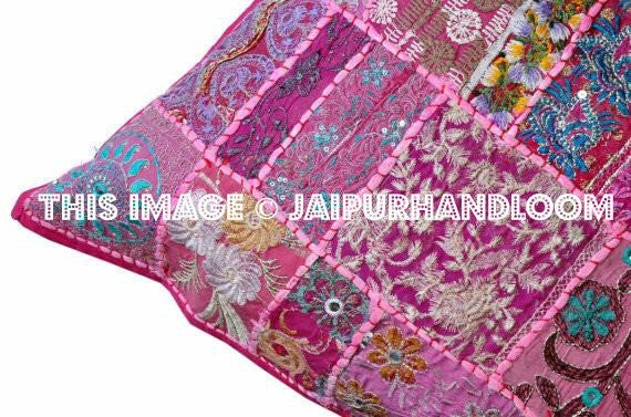 24" Indian Patchwork Pillow Cover Pink Embroidered Sofa Chair Cushions-Jaipur Handloom