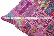 24" Indian Patchwork Pillow Cover Pink Embroidered Sofa Chair Cushions-Jaipur Handloom