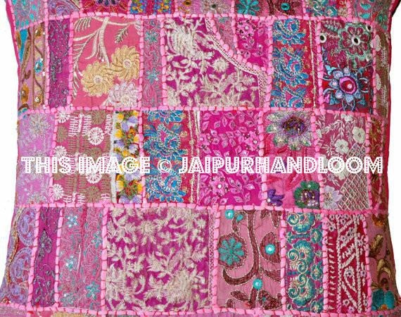 24" Indian Patchwork Pillow Cover Pink Embroidered Sofa Chair Cushions-Jaipur Handloom