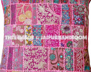 24" Indian Patchwork Pillow Cover Pink Embroidered Sofa Chair Cushions-Jaipur Handloom