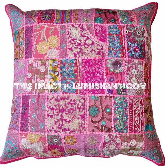 24" Indian Patchwork Pillow Cover Pink Embroidered Sofa Chair Cushions-Jaipur Handloom