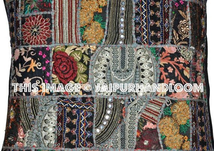 24" Large Black Patchwork Decorative Throw Pillows Tribal sofa cushions-Jaipur Handloom