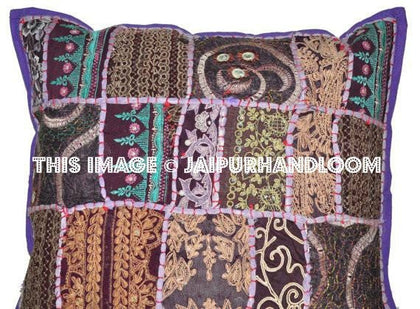 24" Purple Square Sofa Pillows Indian Embroidered Dining Chair Cushions-Jaipur Handloom