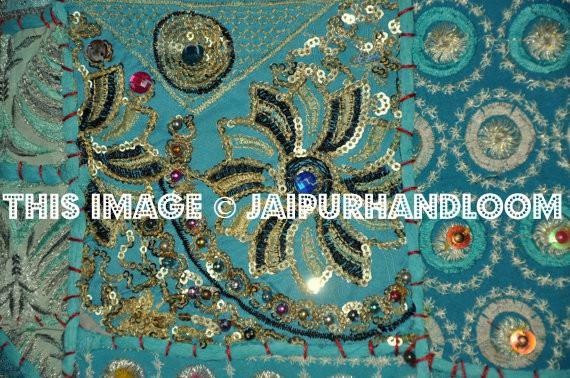 24" Turquoise Indian Embroidered Organic Pillows for Dining Chairs