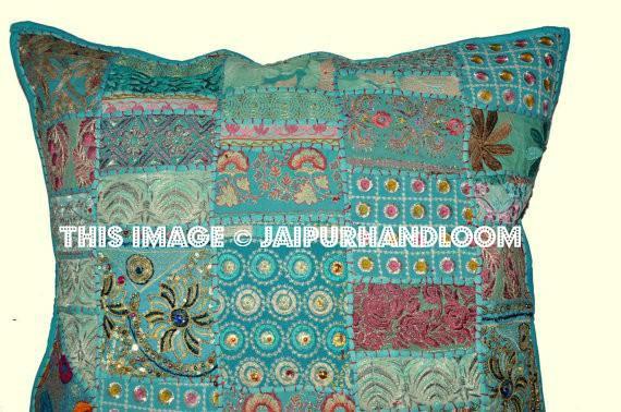 24" Turquoise Indian Embroidered Organic Pillows for Dining Chairs