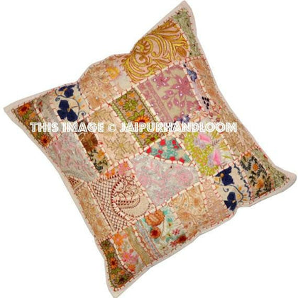 24" White bohemian pillows for couch ethnic crafted embroidered cushions-Jaipur Handloom