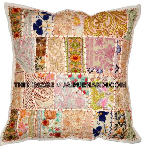24" White bohemian pillows for couch ethnic crafted embroidered cushions-Jaipur Handloom