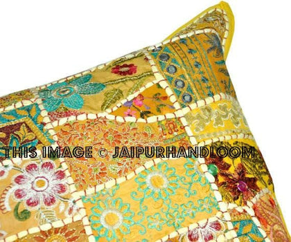 24" Yellow Square Yoga Pillows Bohemian Patchwork Dining Chair Cushions-Jaipur Handloom