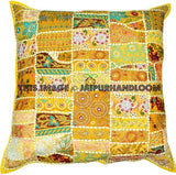 24" Yellow Square Yoga Pillows Bohemian Patchwork Dining Chair Cushions-Jaipur Handloom