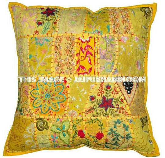 24" Yellow Vintage Embroidered Patchwork Pillow for couch sofa-Jaipur Handloom