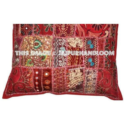 24 x 24 Red Throw Pillows for couch Indian Embroidered Cushion Covers-Jaipur Handloom