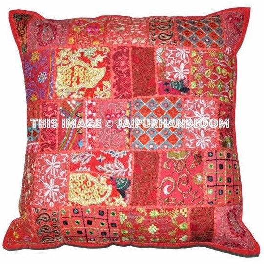 24 x 24 Red pillow cases Indian Embroidered Throw Pillows For Couch-Jaipur Handloom