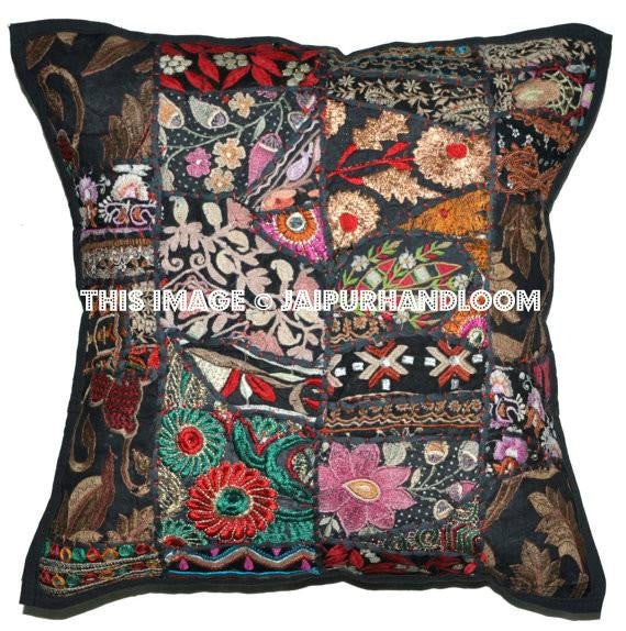 24X24 XL black patchwork cushion on sale buy embroidered pillows for couch-Jaipur Handloom