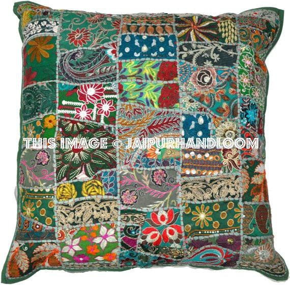 24X24 XL green indian patchwork pillows covers boho outdoor furniture cushions-Jaipur Handloom